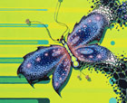 Titel: -- Release -- , Schmetterling aus Fraktalen bestehend in Blau & Lila auf grnem Hintergrund