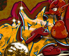 Titel: -- Rock the planet -- , Oldschool-Graffiti mit Comicfigur